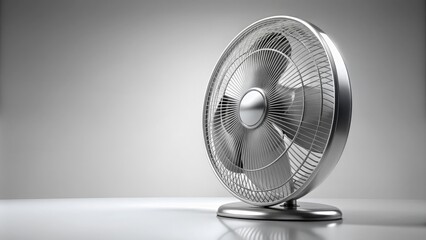 Naklejka premium A sleek, modern radiator fan sits isolated on a pure white background, its slender blades and rounded edges gleaming in bright, studio-lit perfection.