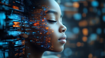  Inclusive image of a of a black IT school student studying at computer learning digital code online software ai cyber security threats. Artificial intelligence cyberspace data coding education 