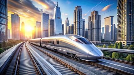 A sleek, silver bullet-shaped high-speed train zooms past a blurred urban landscape, emphasizing modernity, speed, and efficient transportation in a bustling metropolitan area.