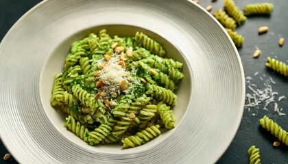 A plate of fusilli pasta covered in green pesto sauce, garnished with grated Parmesan and pine nuts, served in a white bowl, with scattered pasta and pine nuts around the dish.