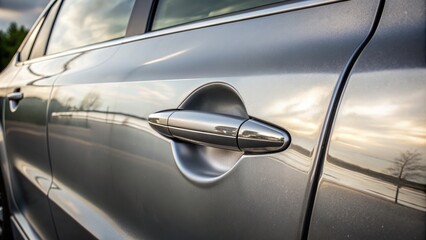 A small, isolated dent on a silver car door panel, with a shallow indentation and minor scratches, against a clean, glossy, and reflective background.