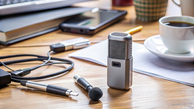 A small, discreet audio recorder with a microphone and USB connector lies concealed amidst scattered papers and office supplies on a cluttered desk surface.