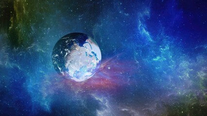 A stunning view of Earth in space amidst vibrant cosmic colors and swirling galaxies, capturing the beauty of our planet in the universe