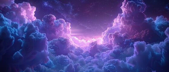 Vibrant neon blue and purple clouds in a surreal, cosmic sky. Dreamy fantasy landscape. Free copy space for text.