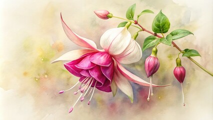 A soft, delicate watercolor painting features a vibrant fuchsia flower with subtle petals and stems set against a creamy white background with gentle texture.