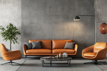 Fototapeta premium Modern Living Room Interior Design Featuring Gray Concrete Wall, Orange Leather Sofa and Armchair, Coffee Table, and Floor Lamp