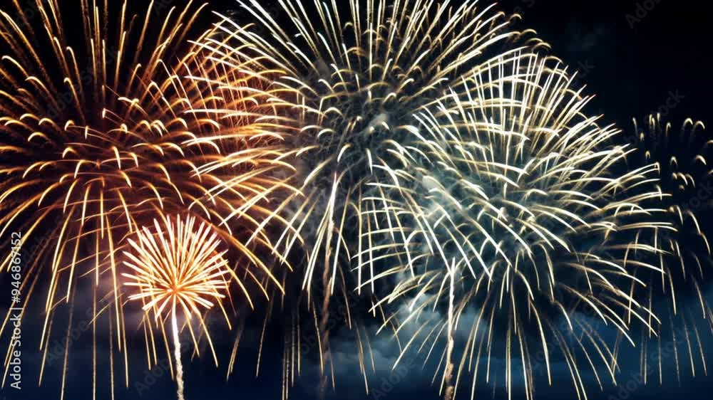 Poster a fireworks display with a blue and orange firework in the middle. the fireworks are lit up in the n