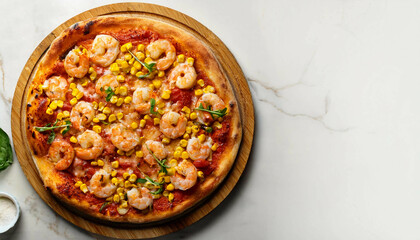 Wood-fired pizza topped with shrimp, corn, and fresh basil on a wooden board, set against a marble surface. The pizza features a golden-brown crust. Copy space on the right.