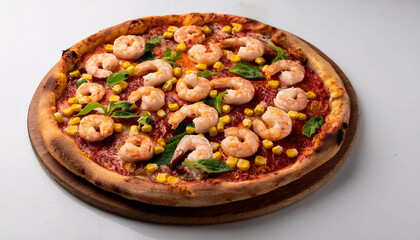 Pizza with shrimp, corn, and basil on a wooden plate, presented on a white background. The pizza's golden-brown crust and vibrant toppings are neatly arranged.