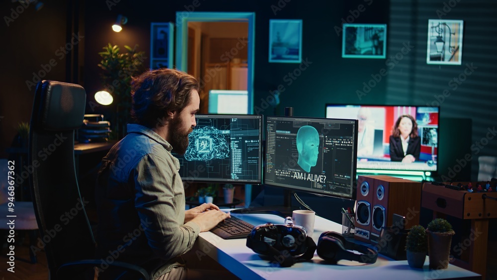 Poster ecstatic man celebrating after awakening ai using vr headset, making it ask existential questions. h