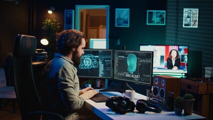 Ecstatic man celebrating after awakening AI using VR headset, making it ask existential questions. Happy developer excited to chat with artificial intelligence using virtual reality tech, camera B