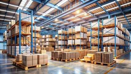 A spacious, well-organized warehouse filled with stacks of cardboard boxes, crates, and pallets, showcasing efficient storage and logistics for various packaged goods.