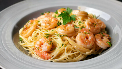  Close-up of a plate of spaghetti topped with saut&eacute;ed shrimp, garnished with parsley, served on a white plate with a subtle rim design.