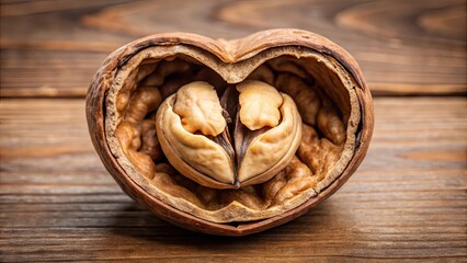 Fototapeta premium A split-open walnut reveals a stunning heart-shaped cavity, symbolizing love and nourishment, surrounded by rich brown tones and delicate ridges, on a neutral background.