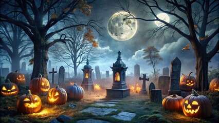 A spooky autumnal scene unfolds under a radiant full moon, with jack-o'-lanterns aglow, cobwebs shrouding gravestones, and eerie shadows cast across a haunted cemetery landscape.