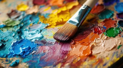 Obraz premium A colorful palette of paints visible in the background