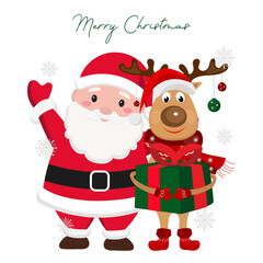 Hand drawn Cute Santa Claus and reindeer holding gift waving and hugging Christmas greeting, invitation with new year holidays 