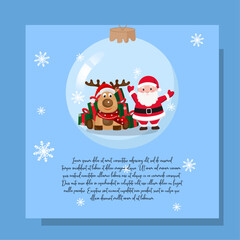 Hand drawn Cute Santa Claus and reindeer ball Christmas greeting, invitation card with new year holidays 