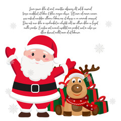 Hand drawn Cute Santa Claus and reindeer waving Christmas gifts around greeting, invitation with new year holidays 