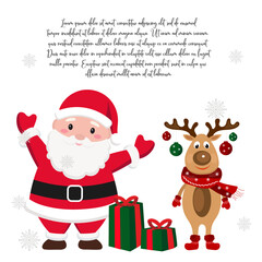 Hand drawn Cute Santa Claus and reindeer with gifts around Christmas greeting, invitation with new year holidays 