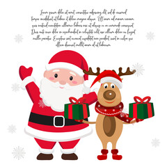 Hand drawn Cute Santa Claus and reindeer with gifts around Christmas greeting, invitation with new year holidays 