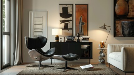  Urban Oasis: Modern Living Room with Black Commode and Elegant Decor