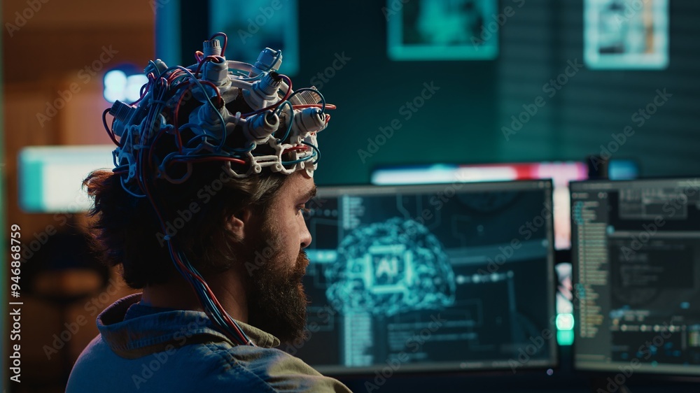 Poster developer using eeg headset device to upload his brain into computer, attaining immortality. neurosc