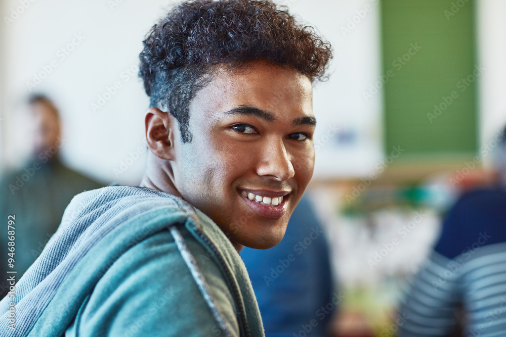 Poster student, portrait and happy in university for learning, education and knowledge with lesson in class