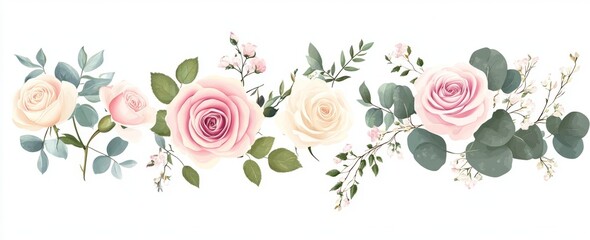 Vector Illustration of Pastel Pink and White Roses with Eucalyptus Leaves and Flowers on Solid Background, High-Resolution Clip Art Set