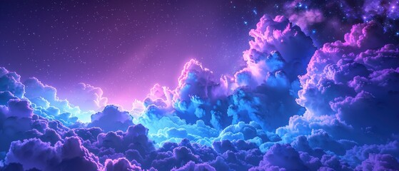 Fototapeta premium Vibrant neon blue and purple clouds in a surreal, cosmic sky. Dreamy fantasy landscape. Free copy space for text.