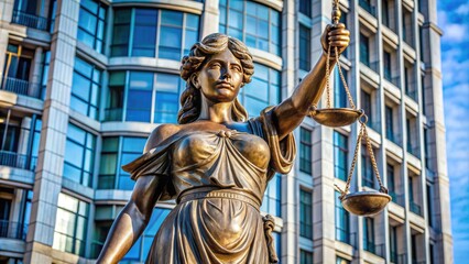 A stately bronze statue of Lady Justice stands tall outside a modern courthouse building in Wilmington, Delaware, symbolizing fairness and justice in the state.