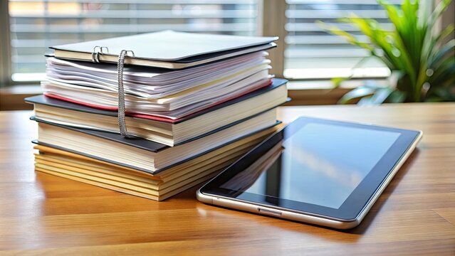 A stack of notebooks with a tablet displaying a digital document, blending traditional and digital note-taking methods in a modern workspace setting.