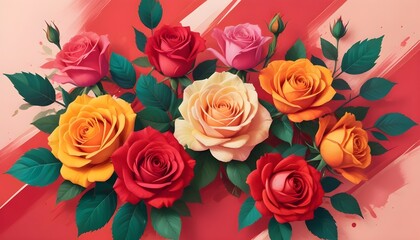 Colorful Roses Flowers Digital Painting Beautiful Abstract Blossoms Background Graphic Design