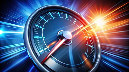 A stylized arrow bursting out of a speedometer dial, surrounded by motion blur, conveying rapid acceleration, instant agility, and swift progress in a dynamic, high-energy design.