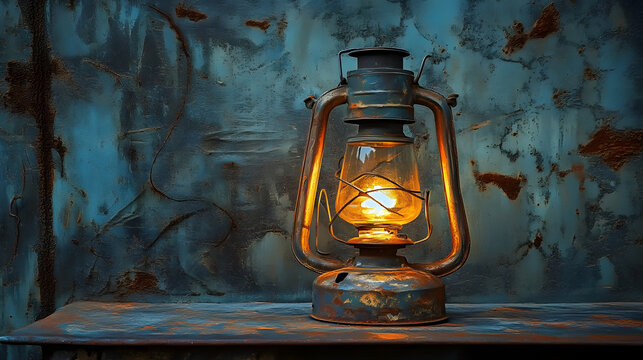 Still life photography Oil lantern on antique steel surface