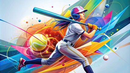 A stylized, colorful illustration of a softball bat in a dynamic pose, surrounded by sports-inspired shapes and lines, conveying energy and movement in a modern design.