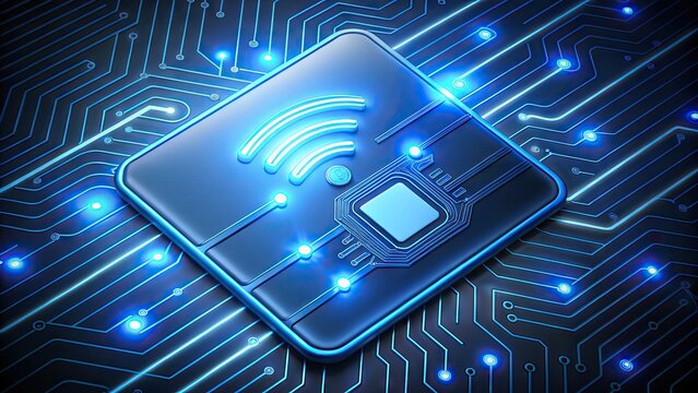 A stylized digital illustration of a modern payment icon, featuring a sleek chip-enabled credit card with glowing blue circuits and wireless signal marks.