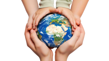 Hands holding a green globe, earth isolated on white background