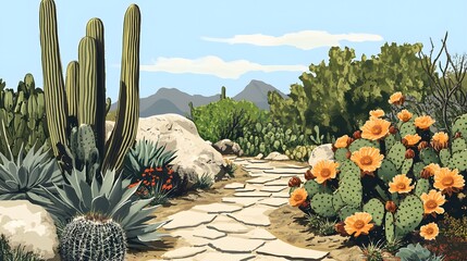 Botanical Desert Garden, Saguaro and flowering cactus. Digital Illustration of succulents.
