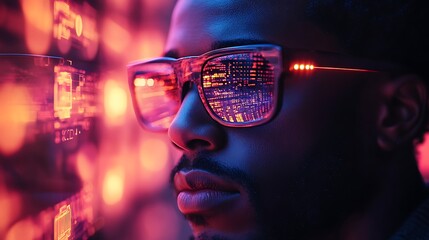  artificial intelligence cyber security risks illustration concept AI banner. Black african american male IT specialist analyzing data information technology privacy threat AR artificial intelligence 