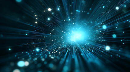 Abstract blue and gold light streaks radiating from a bright center, creating a sense of movement and energy.