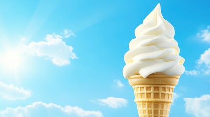 Delicious soft-serve ice cream in a cone against a bright blue sky with fluffy clouds, perfect for summer enjoyment.