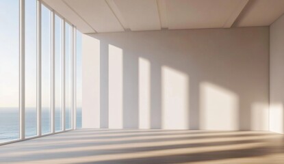 Fototapeta premium Minimalist Room with Soft Sunlight Streaming Through Large Window Overlooking the Ocean, Creating Gentle Shadows on the Floor, Showcasing the Beauty of Natural Light and Minimalist Interior Design