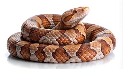 Fototapeta premium A venomous copperhead snake, brown with hourglass-shaped markings, coils on a white background, showcasing its scaly body and sinister gaze, in sharp focus.