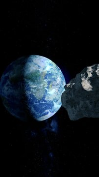A vertical zooming view in space following a meteor or asteroid headed for a collision course on Earth.  	