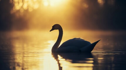 A swan swims gracefully through a misty lake at sunrise.