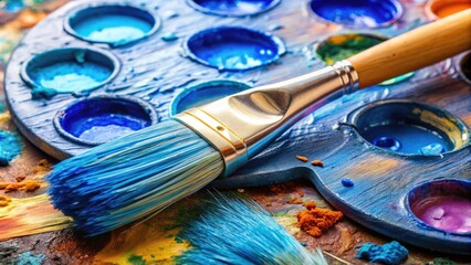 Fototapeta premium A vibrant blue paintbrush with soft bristles sits atop a palette, surrounded by dollops of rich, creamy paint, waiting to bring creativity to life.