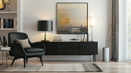 Sleek and Stylish: Modern Living Room with Black Commode and Artistic Decor