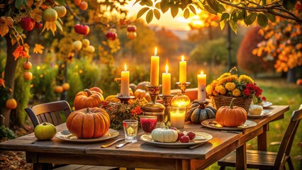 A warm and inviting seasonal landscape featuring a beautifully set dinner table, adorned with candles, pumpkins, and a bountiful harvest, exuding cozy autumnal charm.