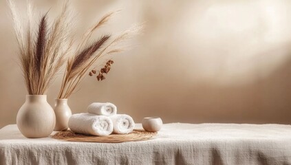 Fototapeta na wymiar Beige Background with Boho Decor Featuring Dried Pampas Grass and Ceramic Pots on a Table, Ideal for Spa or Wellness Center Advertising and Branding, Minimalist and Calming Design